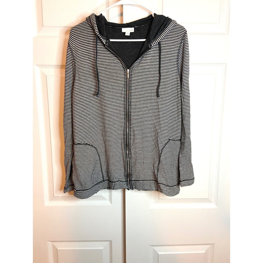 J. Jill Pure Jill Striped Zip Up Hoodie Black White Cotton Rayon Large